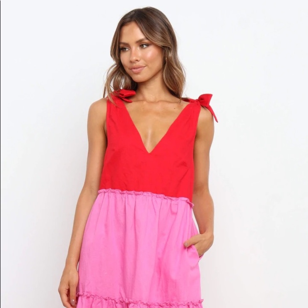 Petal and pup pink/red midi dress with tie shoulders!